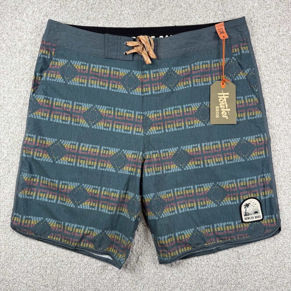 NEW Howler Bros Stretch Bruja Boardshorts Mens 36 Mescal Petrol Geometric 1316